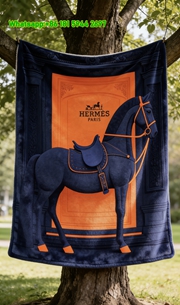 Hermès Navy Blue Saddle Horse Flannel Fleece Blanket IMG_4974